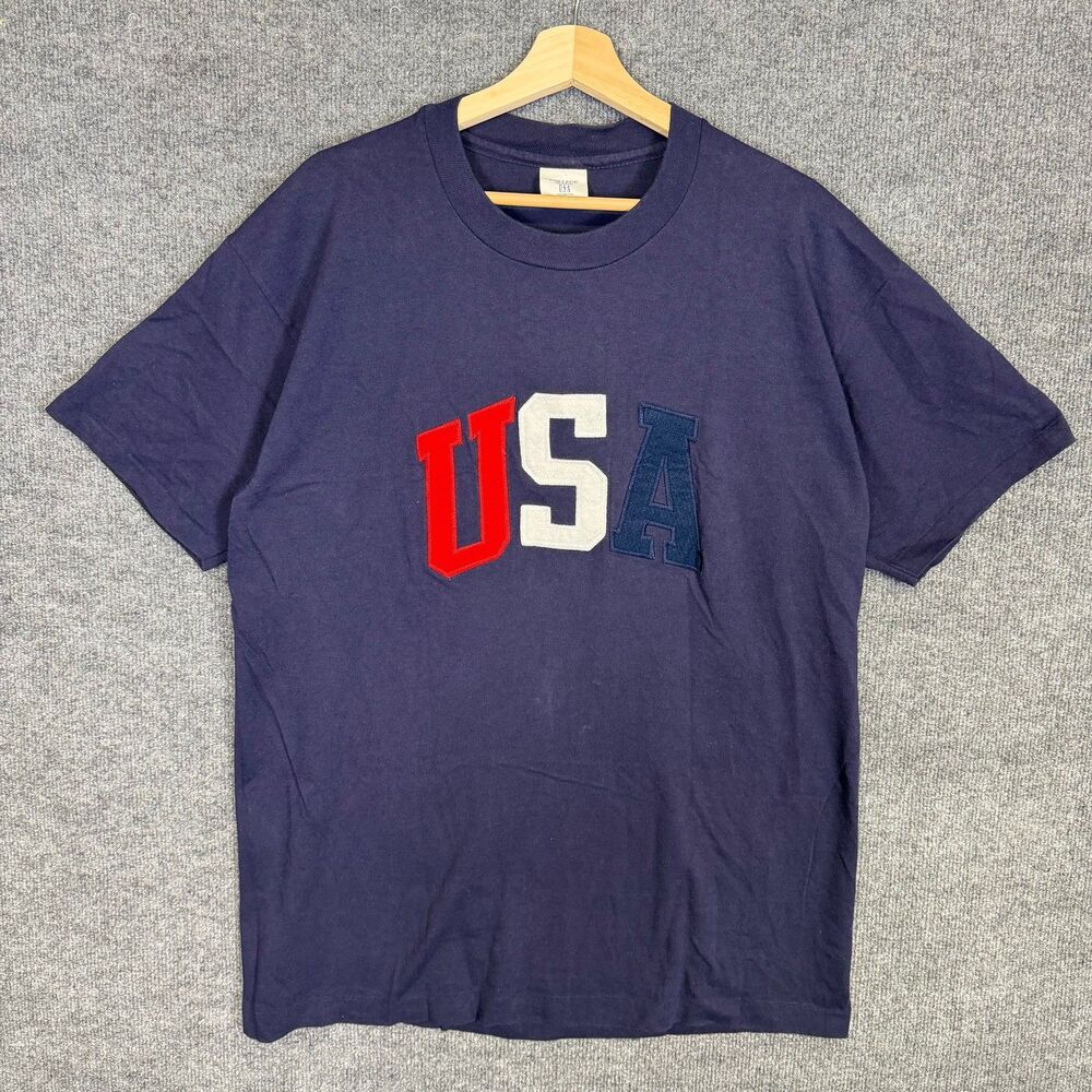 College Ware Vintage USA Patch T-Shirt Men's XL Single Stitch Blue USA